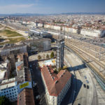 Blick auf den Hauptbahnhof von der Skylobby der ÖBB Unternehmenszentrale in Wien