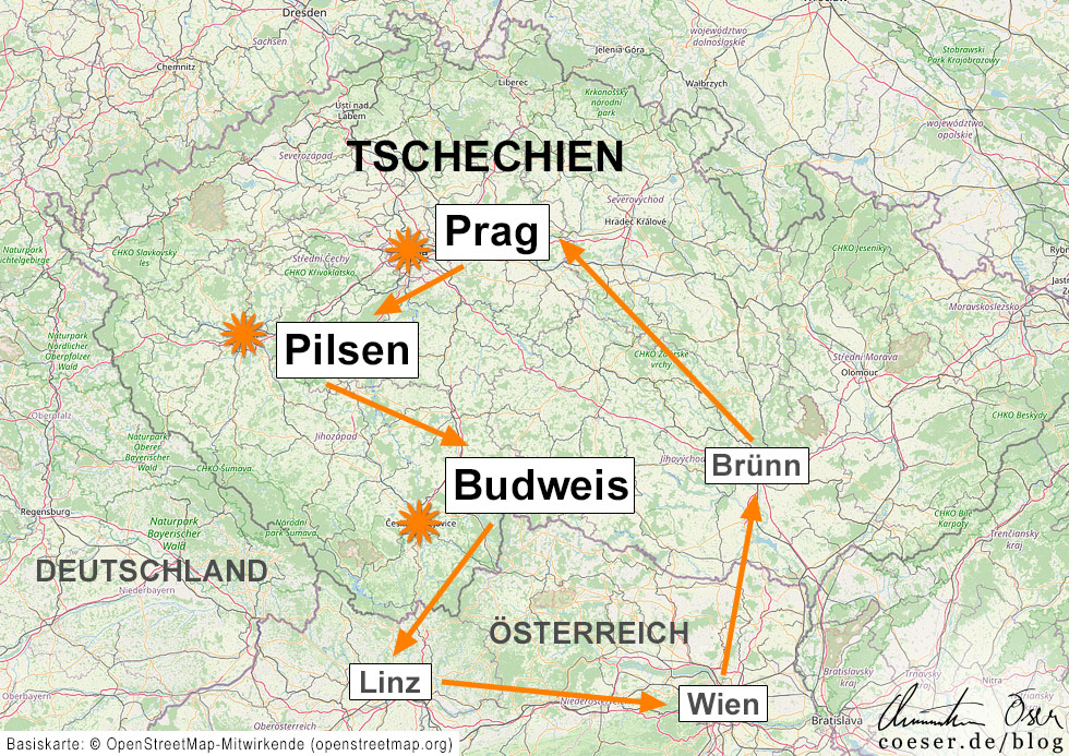Karte einer Bierreise durch Tschechien über Prag, Pilsen und Budweis