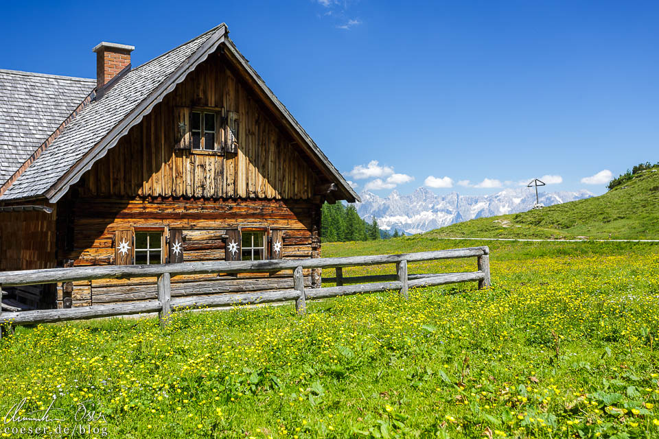Hütte auf der Ursprungalm mit dem Dachstein im Hintergrund