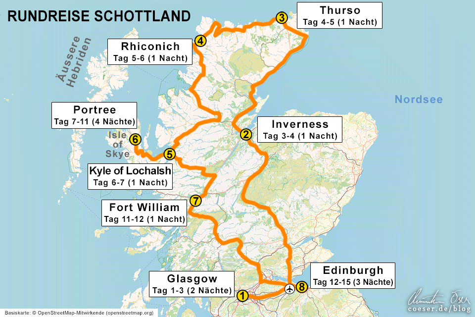 14 Tage Rundreise Schottland: Karte der Reiseroute