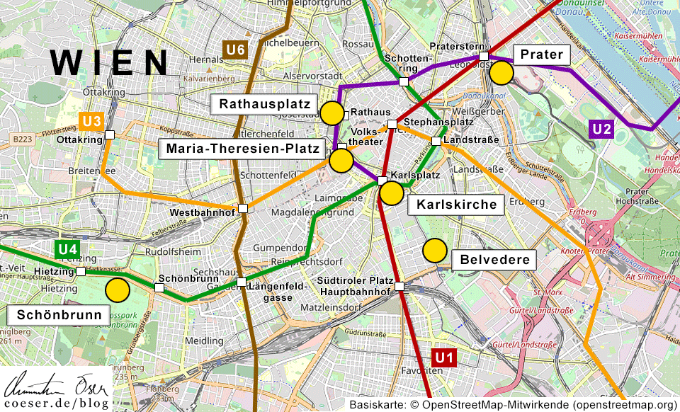 Karte mit Weihnachtsmärkten und U-Bahn-Linien in Wien