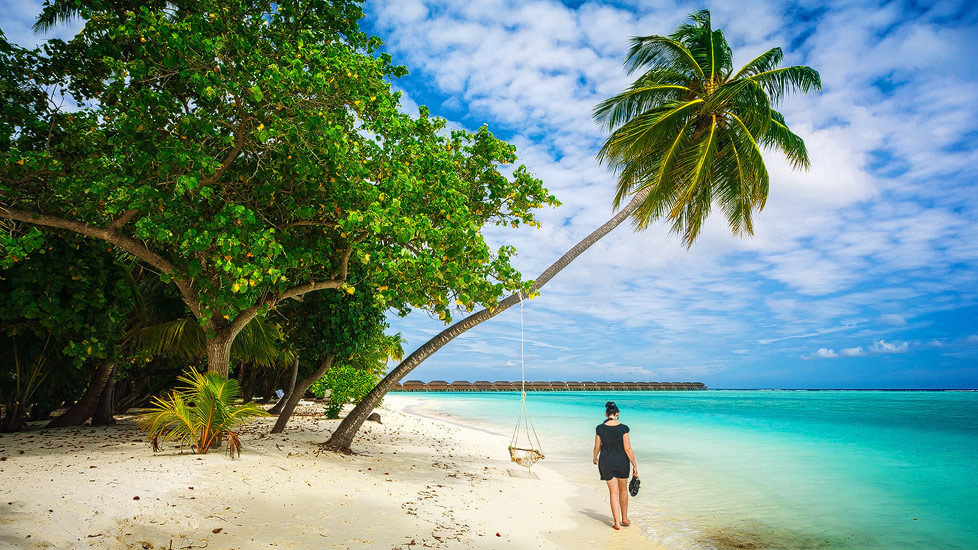 Frau zwischen Palmen am Strand von Meeru (Malediven)