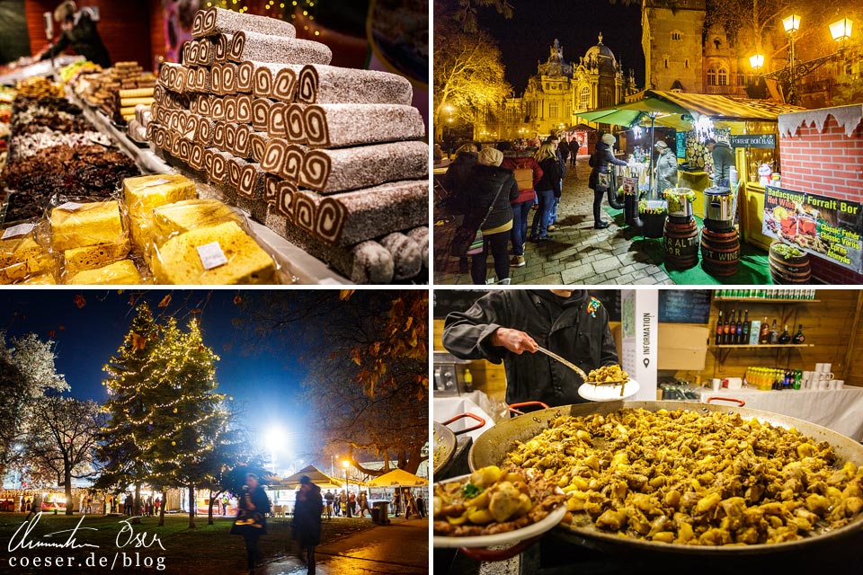 Produkte auf dem Weihnachtsmarkt vor dem Schloss Vajdahunyad in Budapest