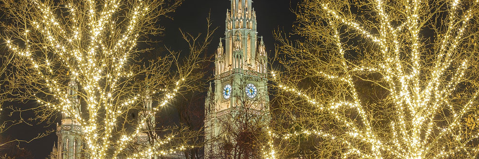 Weihnachtlich beleuchtete Bäume und das Wiener Rathaus