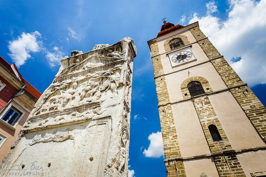 Orpheusdenkmal und Stadtturm in Ptuj