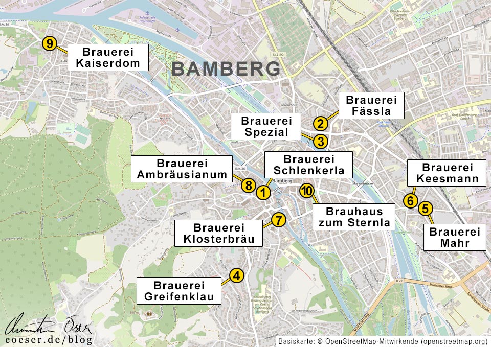 Karte zeigt die zehn Brauereien in Bamberg