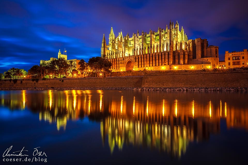 Spiegelung der beleuchteten Kathedrale von Palma de Mallorca