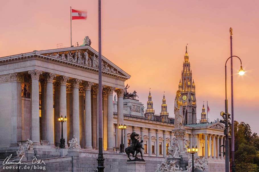 Fotospots Wien: Parlament und Rathaus im Sonnenuntergang