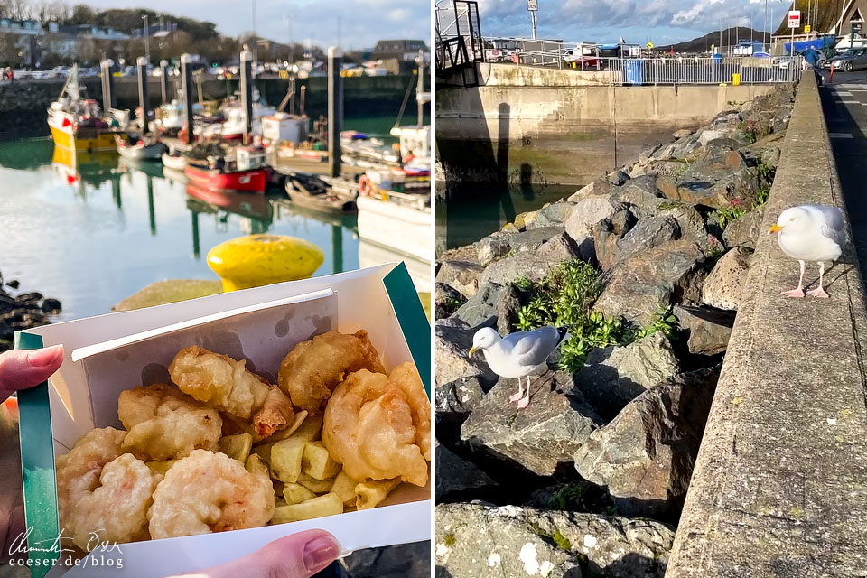 Fish-and-Chips von Leo Burdock’s im Hafen von Howth
