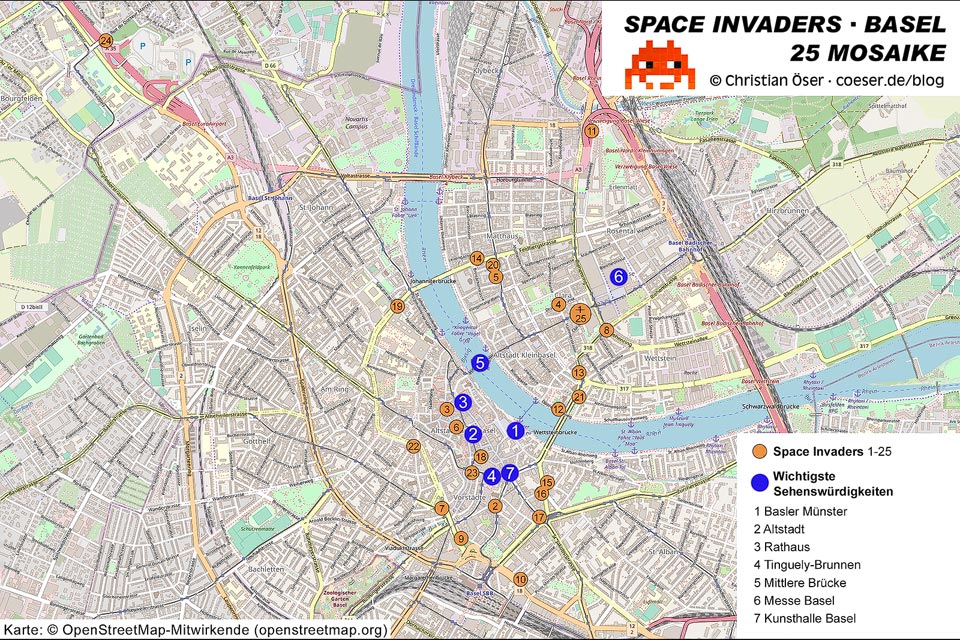 Karte mit allen Standorten der Space Invaders in Basel