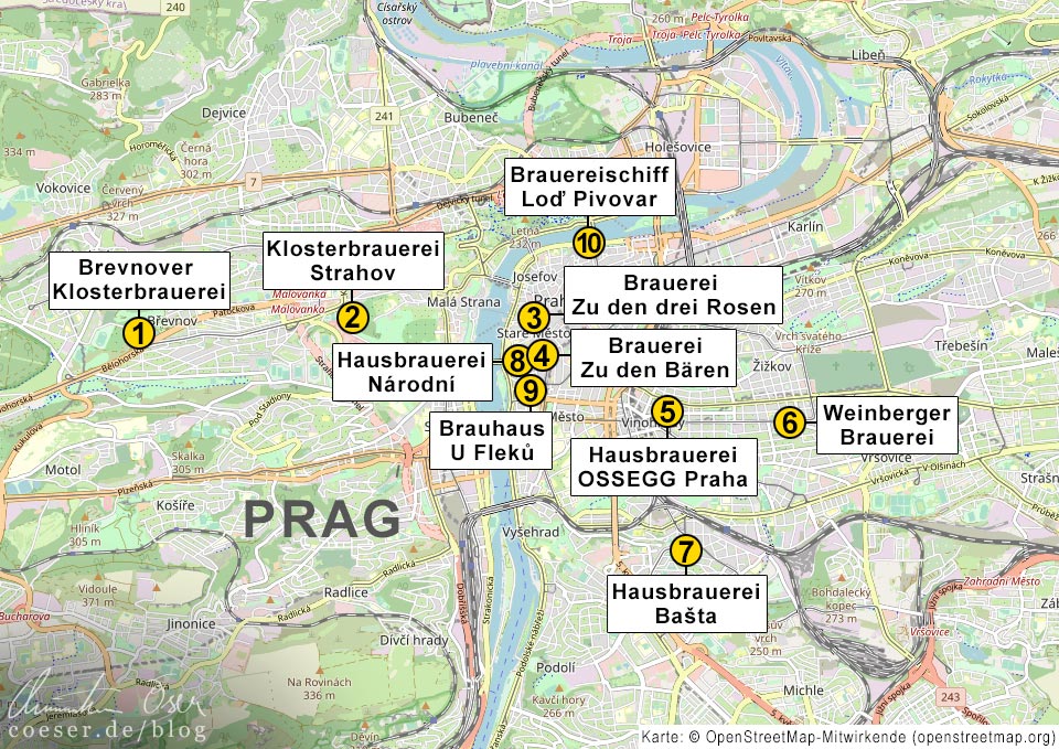 Karte zeigt 10 Hausbrauereien in Prag