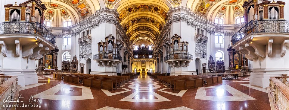 Salzburg Städtereise: Panoramafoto vom Dom innen mit Orgeln