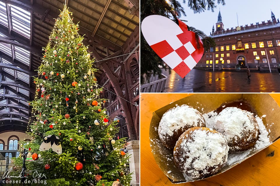 Christbaum am Hauptbahnhof, rot-weißes Weihnachtsherz Julehjerte, Æbleskiver in Kopenhagen