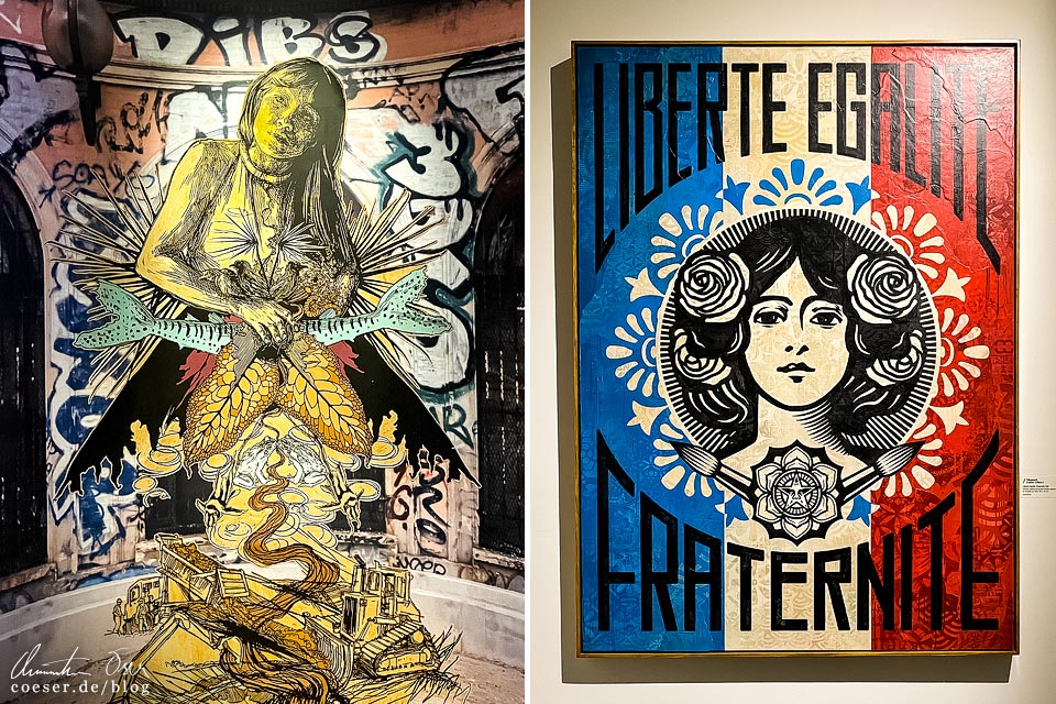 Werke von Swoon und Shepard Fairey in der Ausstellung CAPITALE(S) - 60 Jahre Street Art in Paris