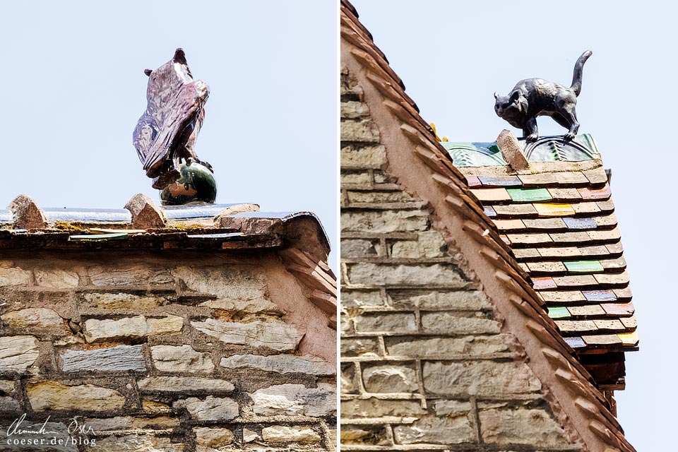 Sehenswürdigkeiten in Dijon: Katze und Eule am Maison Millière