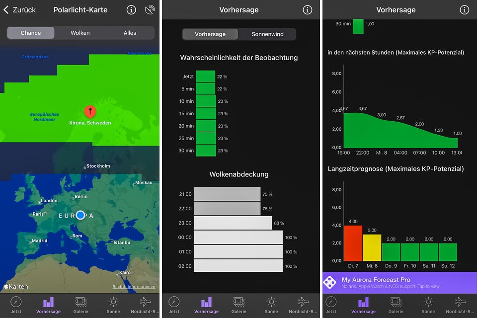Screenshots der kostenlosen App My Aurora Forecast für die Vorhersage von Nordlichtern in Schweden