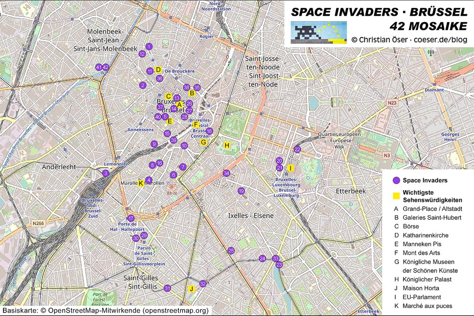 Karte mit allen Standorten der Space Invaders in Brüssel