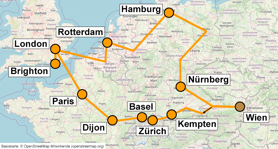 Karte einer Interrail-Route durch Europa