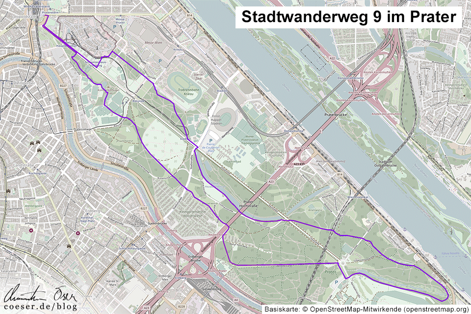 Karte des Stadtwanderweg 9 im Prater in Wien