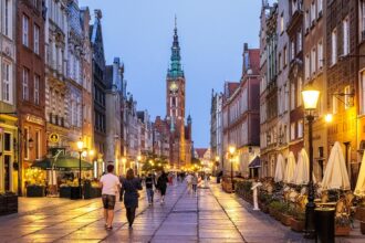 Abendstimmung auf der Ulica Długa (Lange Gasse) und Długi Targ (Langer Markt) in Danzig