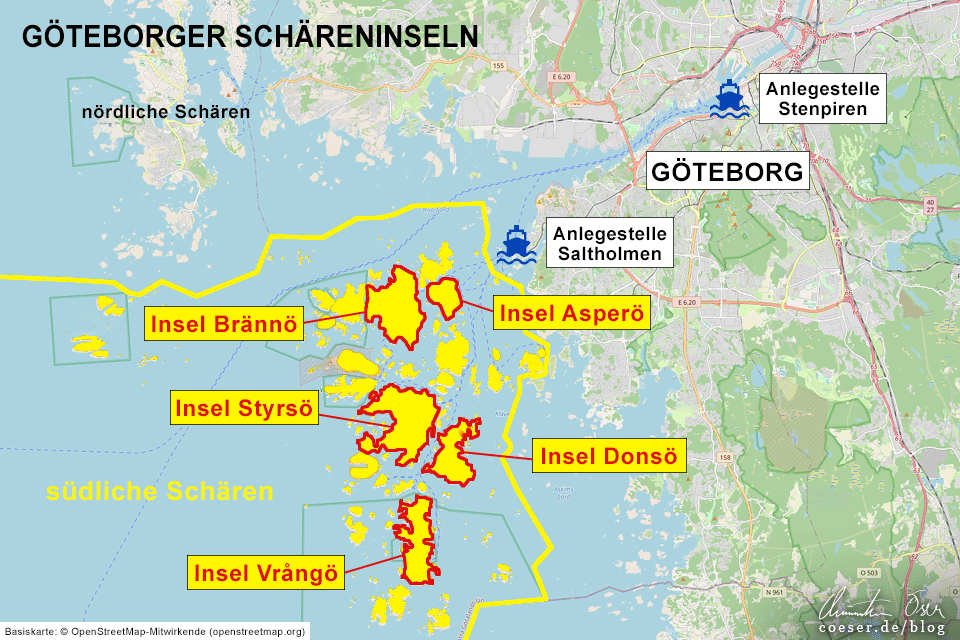 Karte des Göteborger Schärengartens mit den Inseln Brännö, Asperö, Styrsö, Donsö und Vrångö