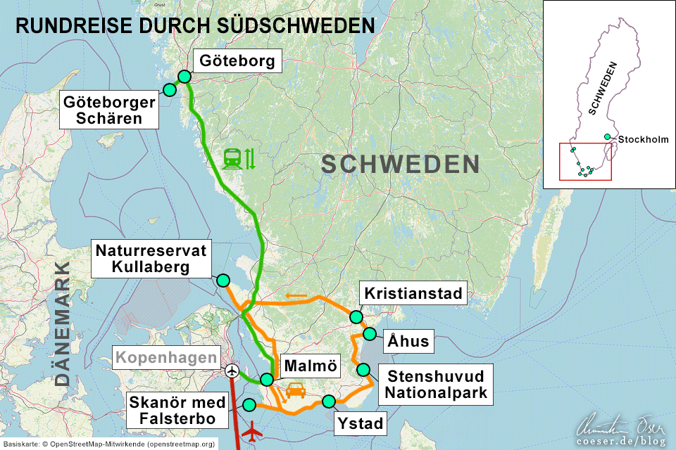 Karte für eine Rundreise durch Südschweden mit Zug und Mietwagen