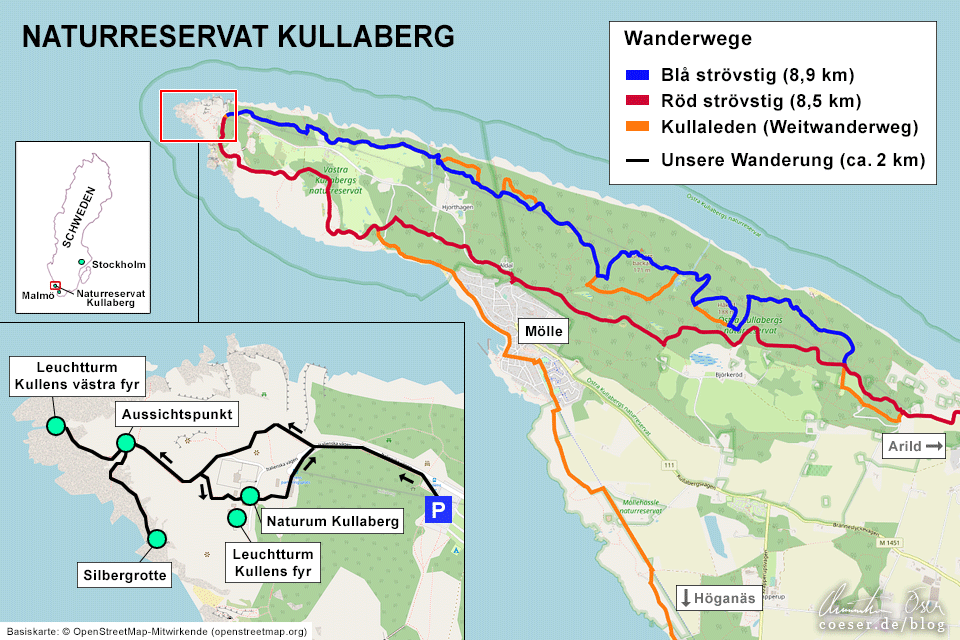 Karte des Naturreservat Kullaberg auf der Halbinsel Kullen in Schweden