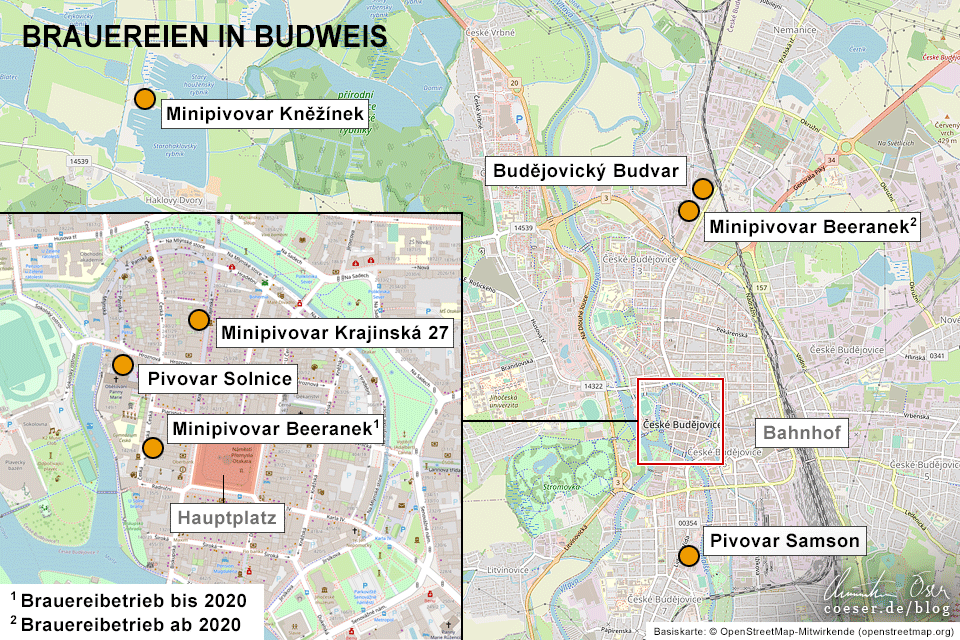 Karte mit den sechs Brauereien in Budweis