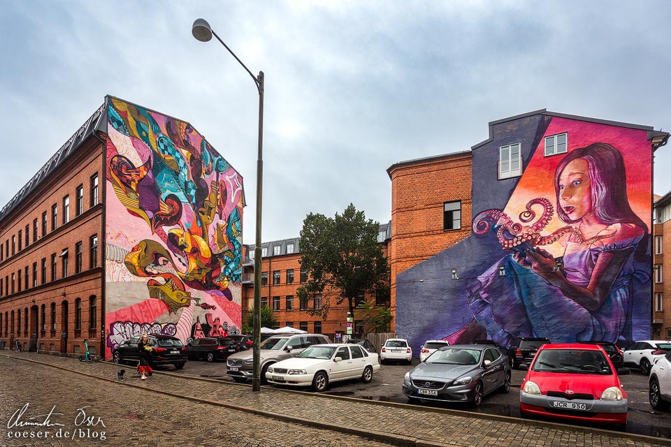 Mural "The magic book" von Natalia Rak und das bunte Wandgemälde von Ola Kalnin in Malmö