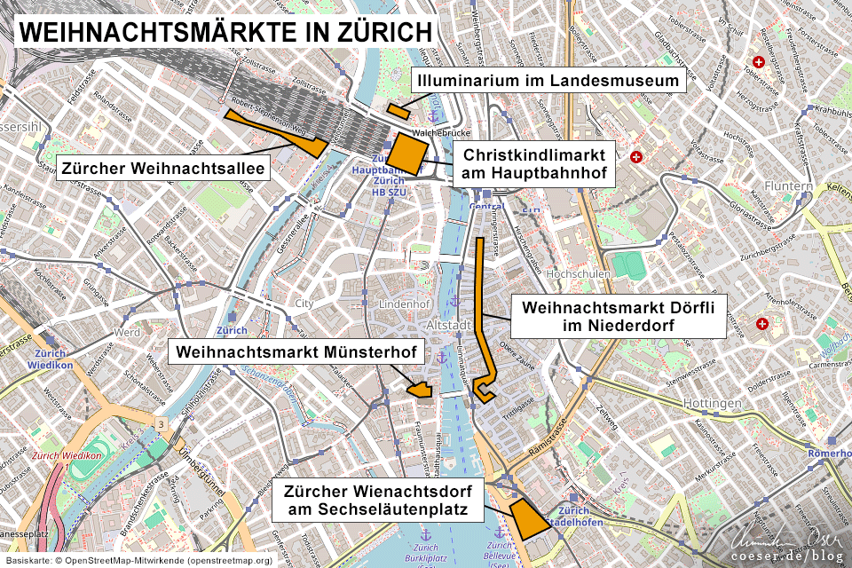 Karte mit den Weihnachtsmärkten in Zürich