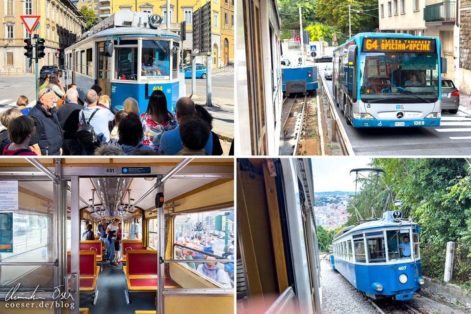 Fotos der blauen Straßenbahn Tranvia di Opicina in Triest