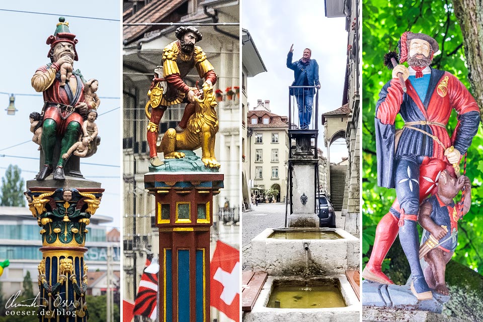 Figuren des Kindlifresserbrunnen, Simsonbrunnen, Kronenbrunnen und Läuferbrunnen in Bern