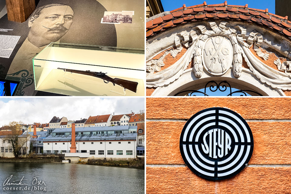 Josef Werndl im Stadtmuseum Steyr, ÖWG-Logo, Steyr-Logo, ehemalige Fabrik Wehrgraben