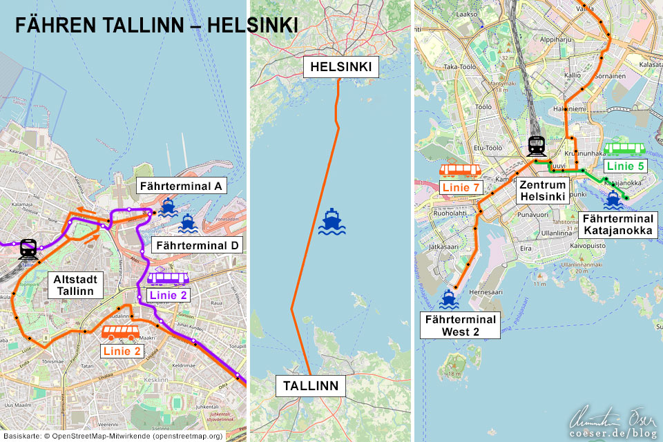 Karte der Häfen und Fährterminals für die Fähre Tallinn – Helsinki