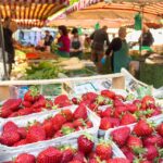 Frische Erdbeeren auf dem Wochenmarkt Höchster Markt in Frankfurt