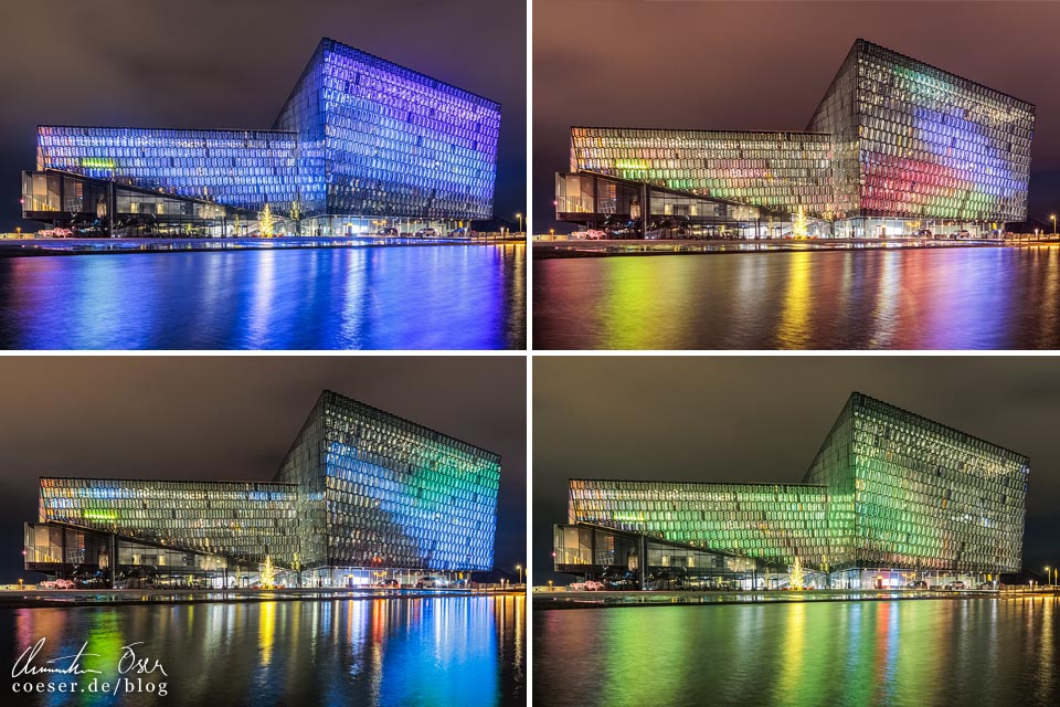 Das beleuchtete Konzerthaus Harpa in Reykjavik