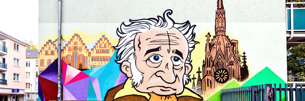 Mural von Johann Wolfgang Goethe, Römerberg und Kaiserdom in Frankfurt am Main