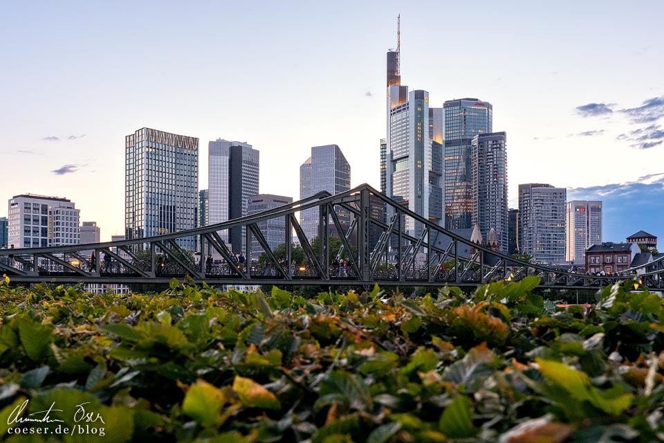 Fotospots Frankfurt: Blick auf die Skyline und den Eisernen Steg in der Dämmerung