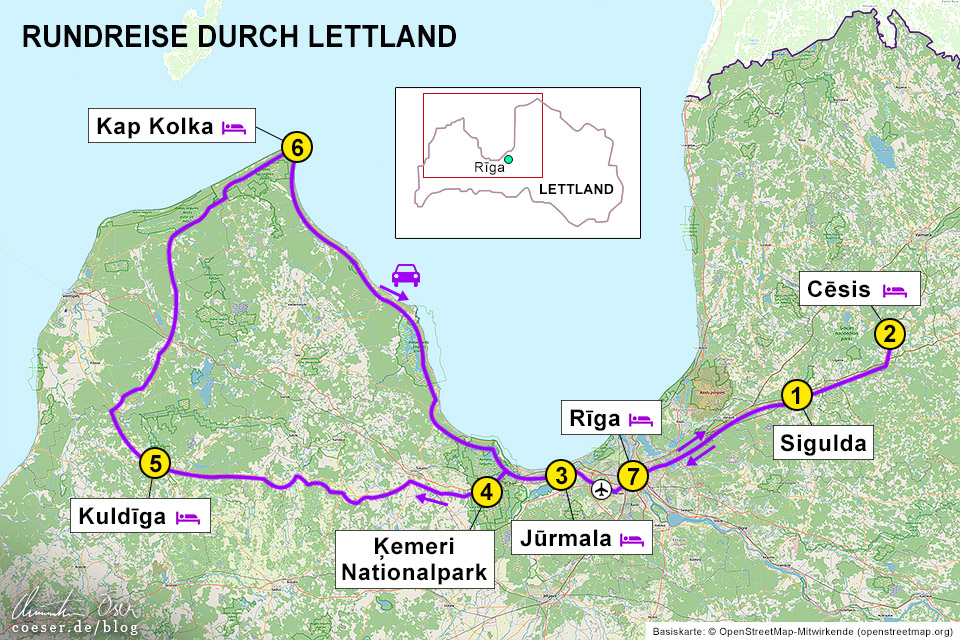 Karte einer Rundreise durch Lettland mit dem Mietwagen