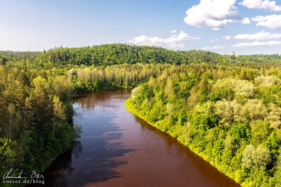 Blick von der Seilbahn in Sigulda auf den Fluss Gauja und den Nationalpark Gauja in Lettland