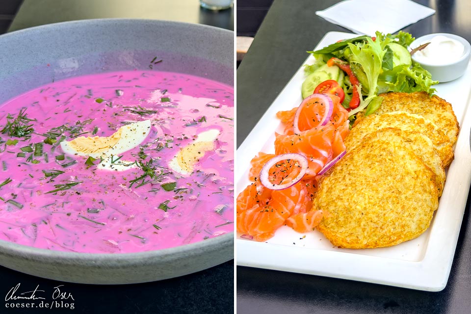 Kalte Suppe (biešu aukstā zupa) und Kartoffelpuffer (Kartupeļu pankūkas) in Jürmala, Lettland
