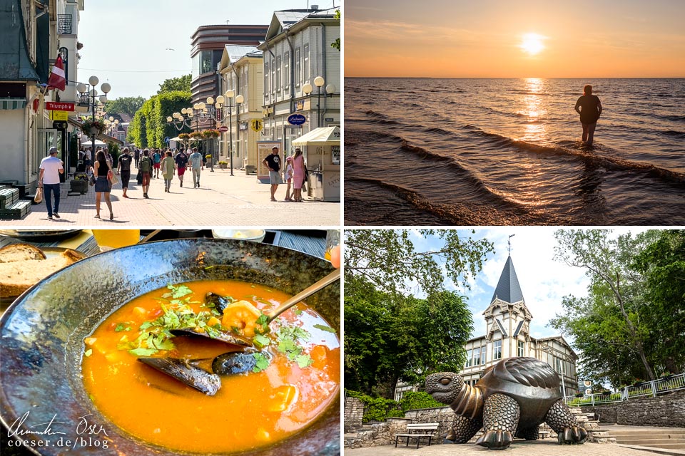 Eindrücke und Fotos aus Jürmala, Lettland: Flaniermeile Jomas iela, Sonnenuntergang am Strand, Fischsuppe und Schildkröte vor alten Holzhaus