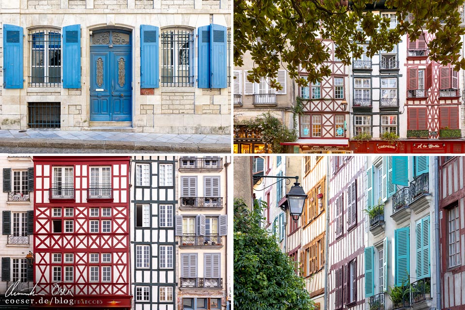 Hausfassaden von mittelalterlichen Fachwerkhäusern in Bayonne, Frankreich