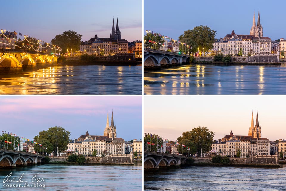 Blick auf die Pont Saint-Esprit und die Altstadt von Bayonne mit der Kathedrale in vier unterschiedlichen Lichtstimmungen
