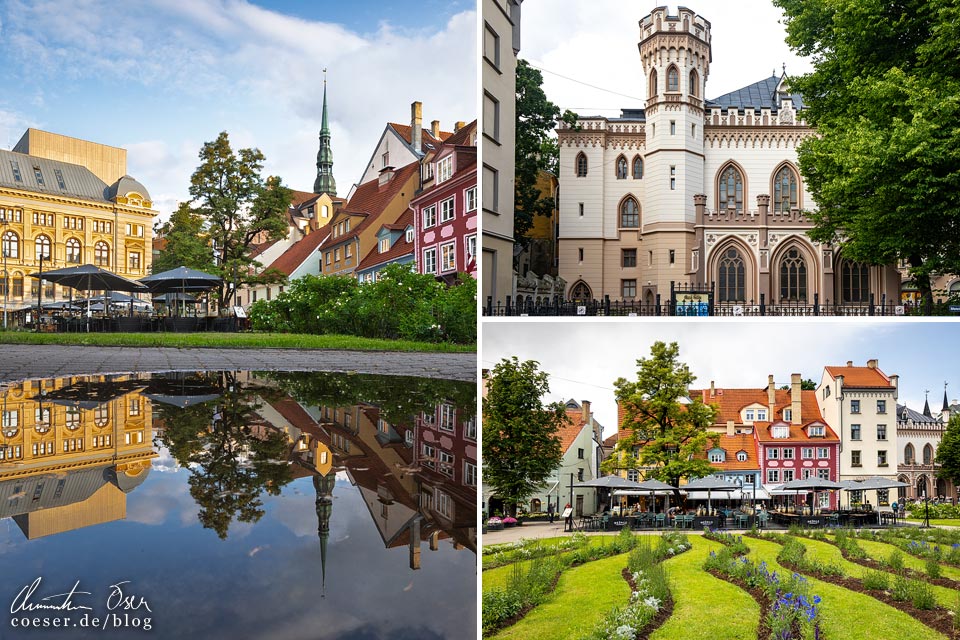 Spiegelung des Livenplatz mit Russischem Theater und dem Haus der Kleinen Gilde in Riga, Lettland