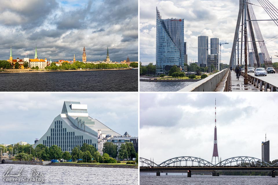 Ausblick auf die Skyline der Altstadt, die Nationalbibliothek, den Fernsehturm und die Vanšu-Brücke von der Insel Ķīpsala in Riga, Lettland