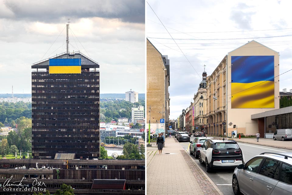 Riesige Ukraine-Flaggen im Stadtgebiet von Riga, Lettland