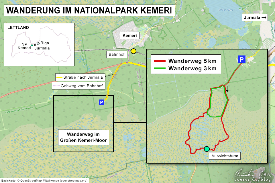 Nationalpark Kemeri: Karte mit den Wanderwegen im Großen Kemeri-Moor