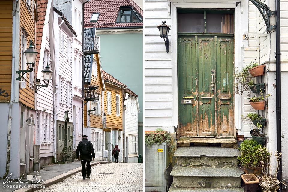 Eindrücke aus den engen Gassen der Stadtviertel Bergenhus und Nordnes in Bergen, Norwegen