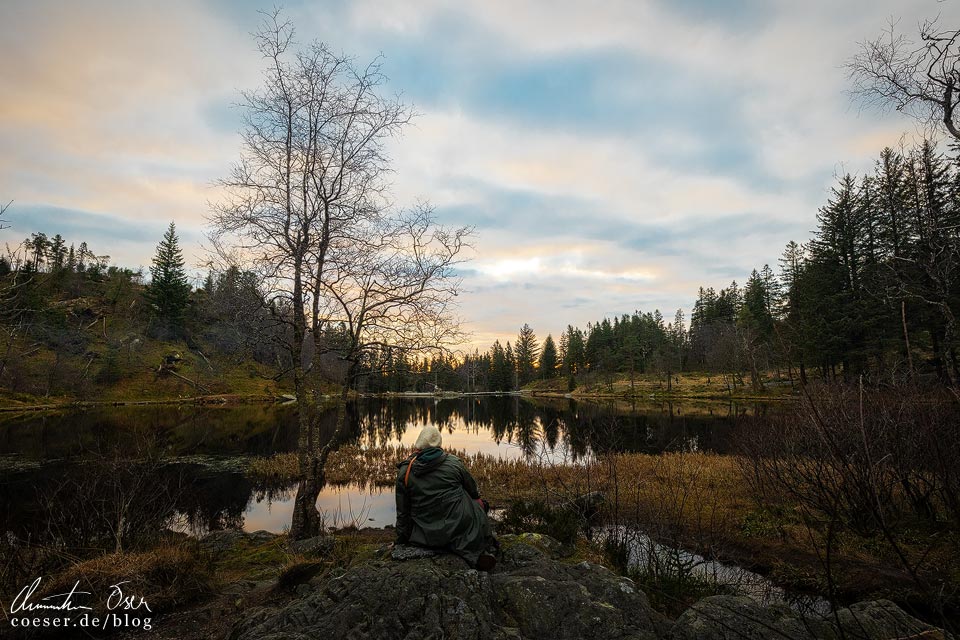 Sonnenuntergang am See Skomakerdiket auf dem Fløyen in Bergen, Norwegen